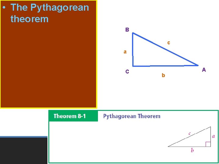  • The Pythagorean theorem In a right triangle, the sum of the squares