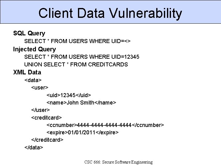 Client Data Vulnerability SQL Query SELECT * FROM USERS WHERE UID=<> Injected Query SELECT