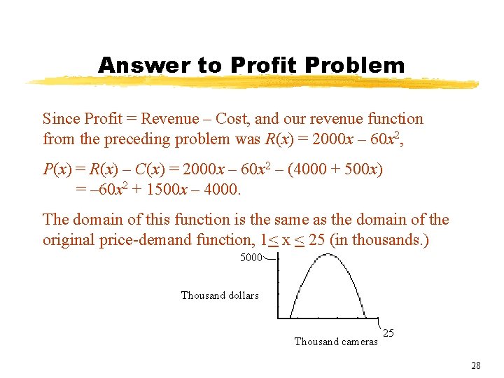 Answer to Profit Problem Since Profit = Revenue – Cost, and our revenue function