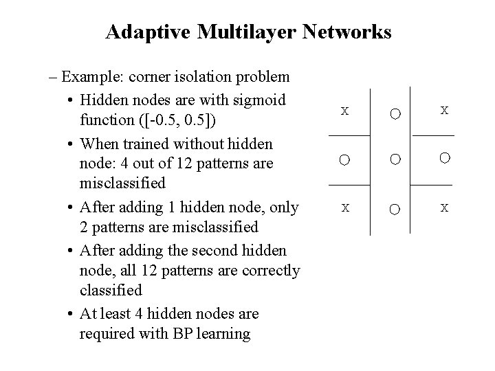 Adaptive Multilayer Networks – Example: corner isolation problem • Hidden nodes are with sigmoid