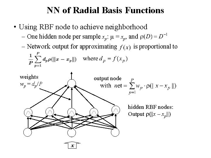 NN of Radial Basis Functions • Using RBF node to achieve neighborhood – One