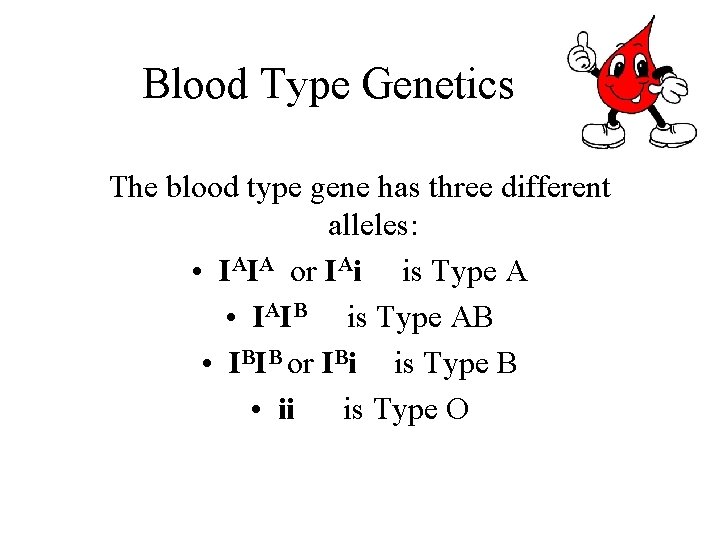 Blood Type Genetics The blood type gene has three different alleles: • IAIA or