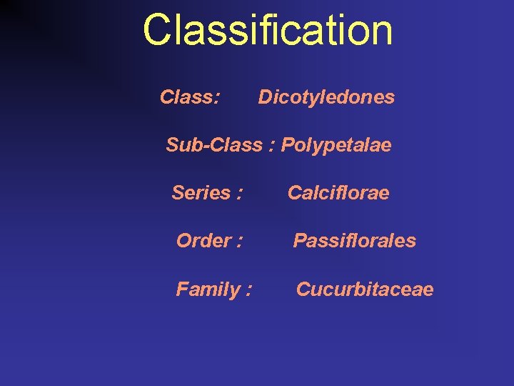 Classification Class: Dicotyledones Sub-Class : Polypetalae Series : Calciflorae Order : Passiflorales Family :