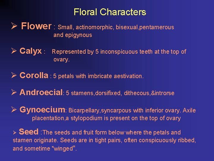 Floral Characters Ø Flower : Small, actinomorphic, bisexual, pentamerous and epigynous Ø Calyx :