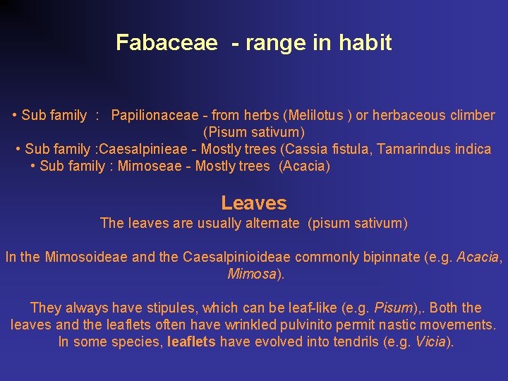 Fabaceae - range in habit • Sub family : Papilionaceae - from herbs (Melilotus