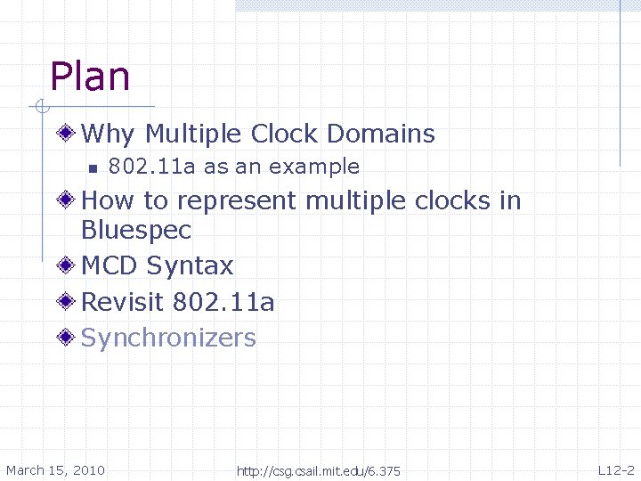 Plan Why Multiple Clock Domains n 802. 11 a as an example How to