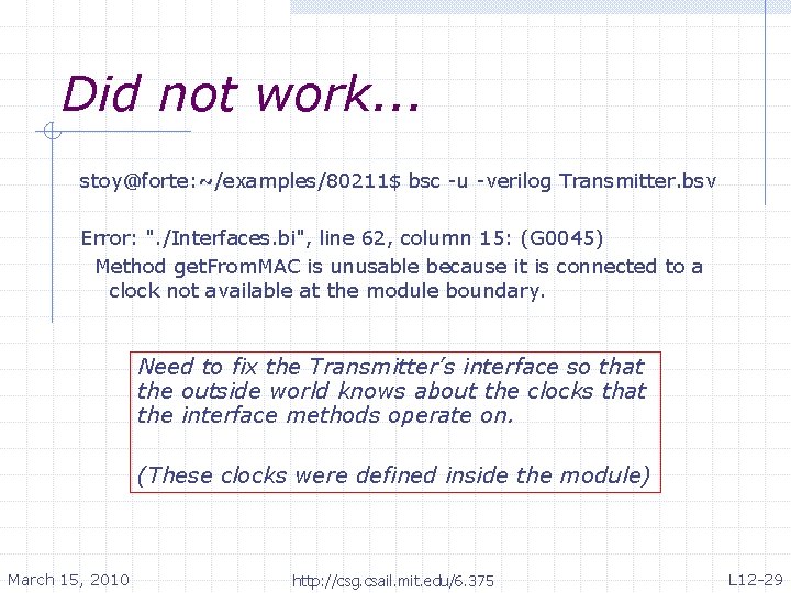 Did not work. . . stoy@forte: ~/examples/80211$ bsc -u -verilog Transmitter. bsv Error: ".