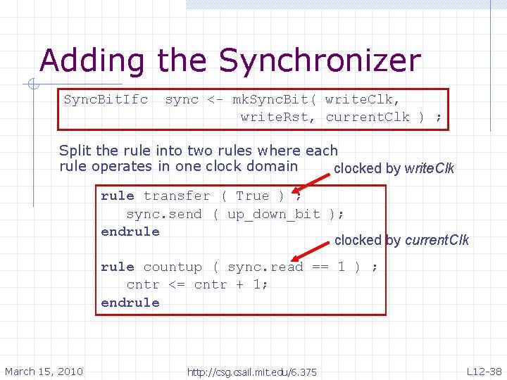 Adding the Synchronizer Sync. Bit. Ifc sync <- mk. Sync. Bit( write. Clk, write.