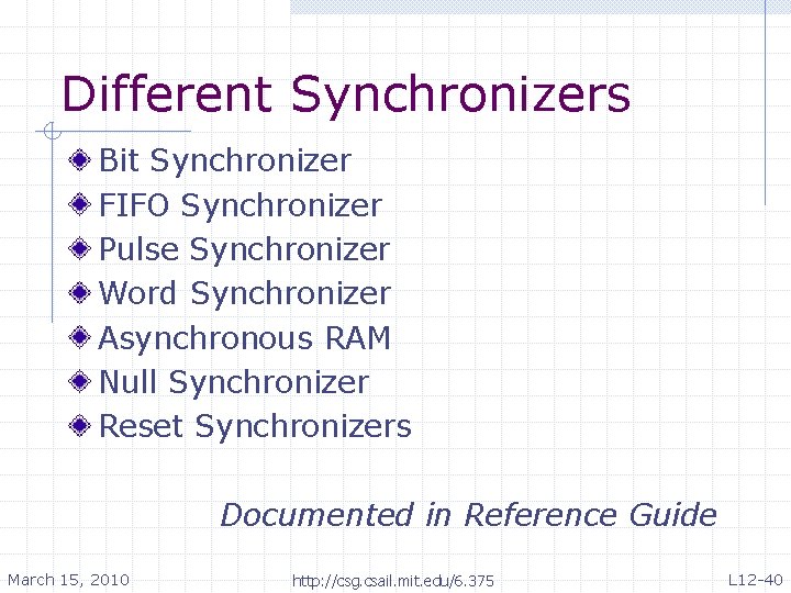 Different Synchronizers Bit Synchronizer FIFO Synchronizer Pulse Synchronizer Word Synchronizer Asynchronous RAM Null Synchronizer