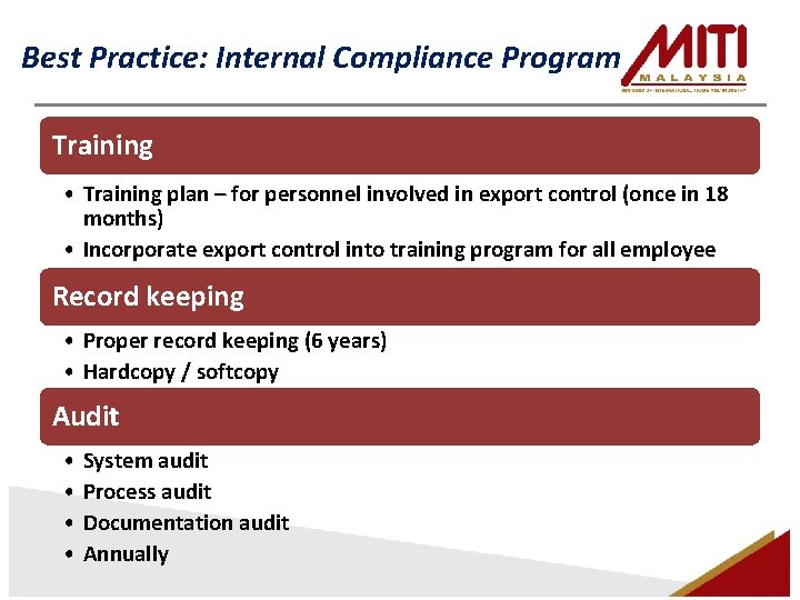 Best Practice: Internal Compliance Program Training • Training plan – for personnel involved in