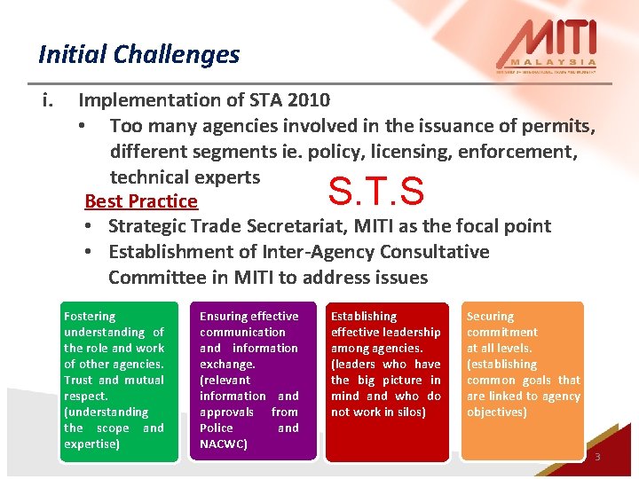 Initial Challenges i. Implementation of STA 2010 • Too many agencies involved in the