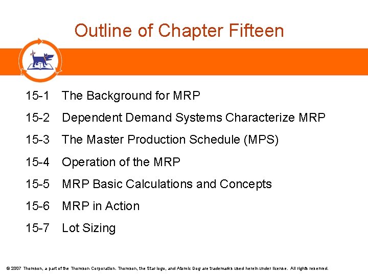 Outline of Chapter Fifteen 15 -1 The Background for MRP 15 -2 Dependent Demand