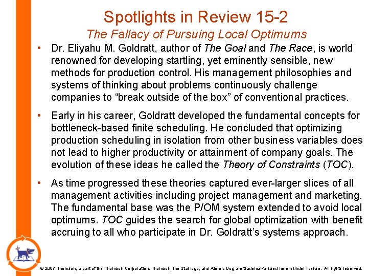 Spotlights in Review 15 -2 The Fallacy of Pursuing Local Optimums • Dr. Eliyahu