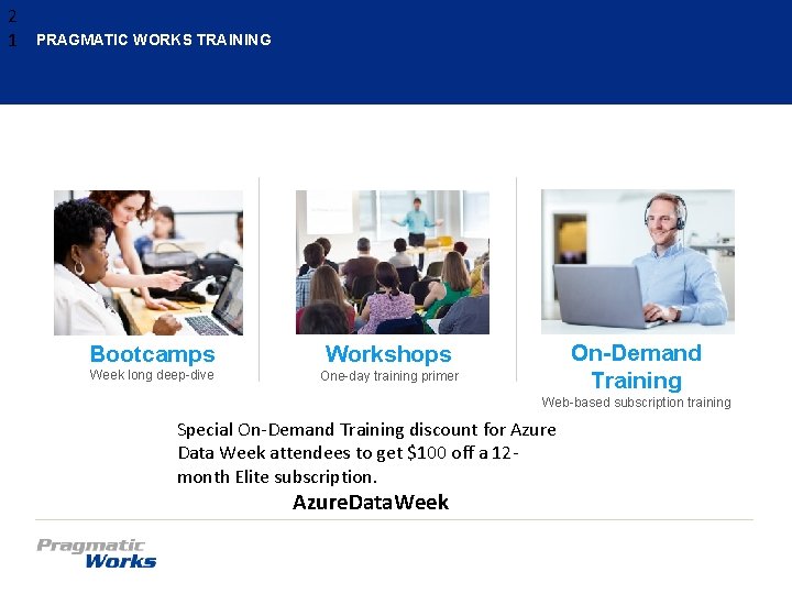 2 1 PRAGMATIC WORKS TRAINING Bootcamps Workshops Week long deep-dive One-day training primer On-Demand