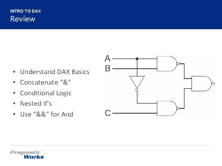INTRO TO DAX Review • • • Understand DAX Basics Concatenate “&” Conditional Logic