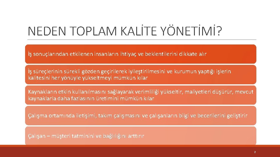 NEDEN TOPLAM KALİTE YÖNETİMİ? İş sonuçlarından etkilenen insanların ihtiyaç ve ihtiyaç beklentilerini dikkate alır