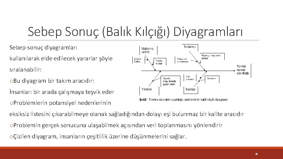 Sebep Sonuç (Balık Kılçığı) Diyagramları Sebep-sonuç diyagramları kullanılarak elde edilecek yararlar şöyle sıralanabilir: o.