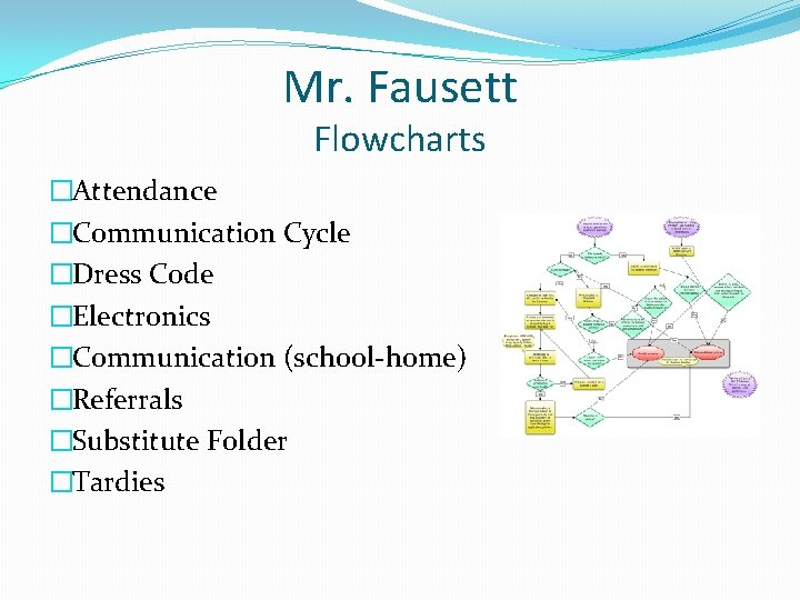 Mr. Fausett Flowcharts �Attendance �Communication Cycle �Dress Code �Electronics �Communication (school-home) �Referrals �Substitute Folder