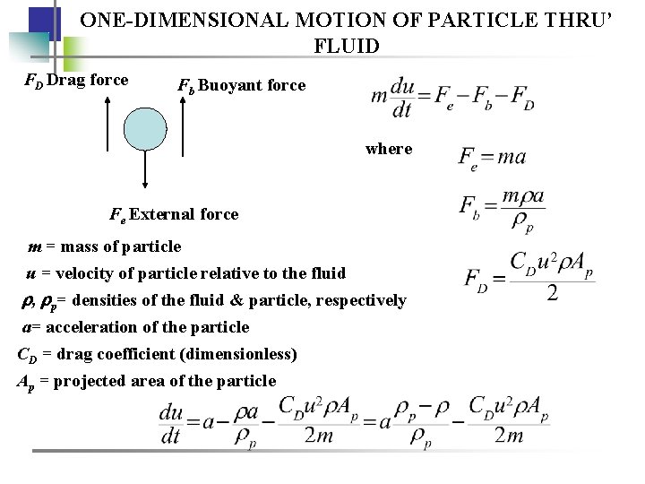 ONE-DIMENSIONAL MOTION OF PARTICLE THRU’ FLUID FD Drag force Fb Buoyant force where Fe