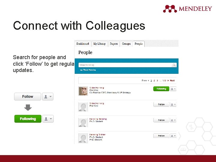 Connect with Colleagues Search for people and click ‘Follow’ to get regular updates. 