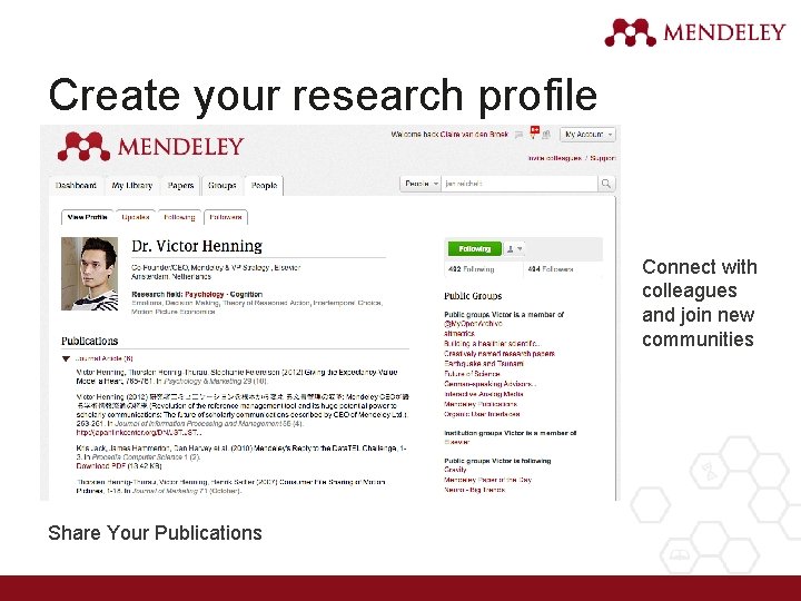 Create your research profile Connect with colleagues and join new communities Share Your Publications