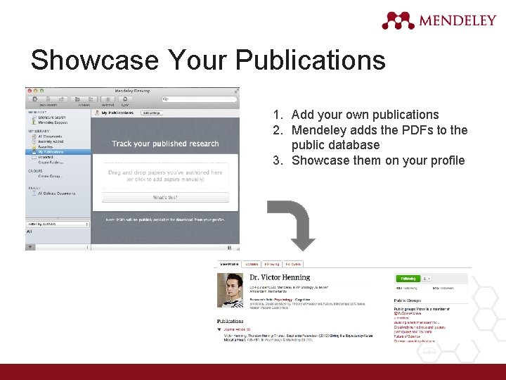 Showcase Your Publications 1. Add your own publications 2. Mendeley adds the PDFs to
