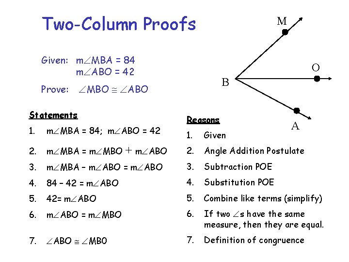 Two-Column Proofs M Given: m MBA = 84 m ABO = 42 Prove: O