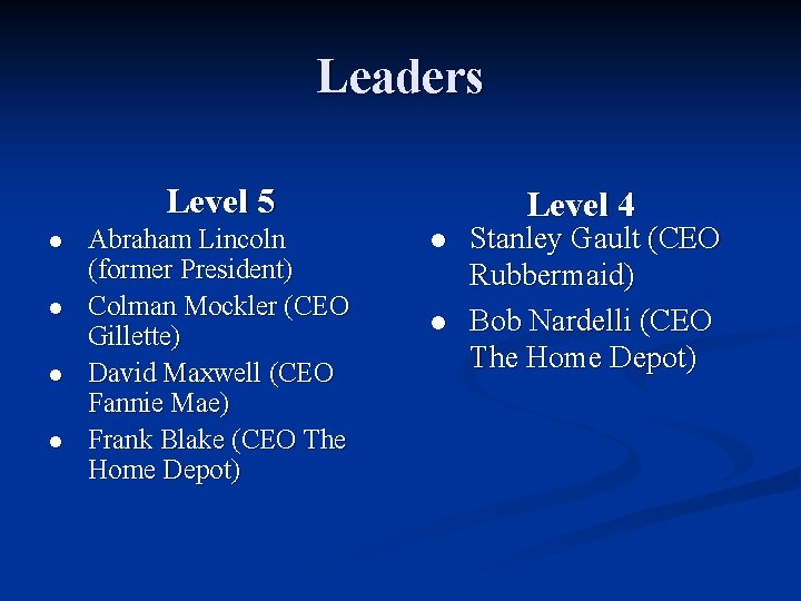 Leaders Level 5 l l Abraham Lincoln (former President) Colman Mockler (CEO Gillette) David