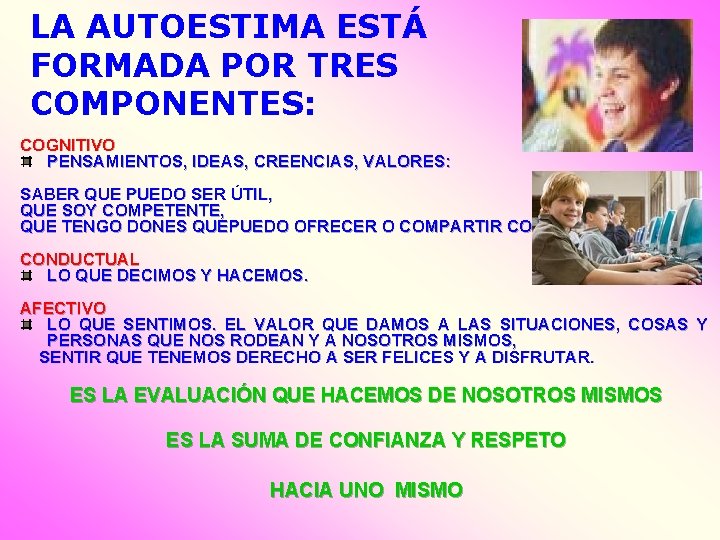 LA AUTOESTIMA ESTÁ FORMADA POR TRES COMPONENTES: COGNITIVO PENSAMIENTOS, IDEAS, CREENCIAS, VALORES: SABER QUE