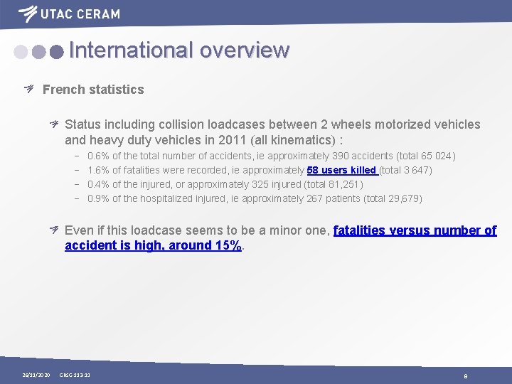 International overview French statistics Status including collision loadcases between 2 wheels motorized vehicles and