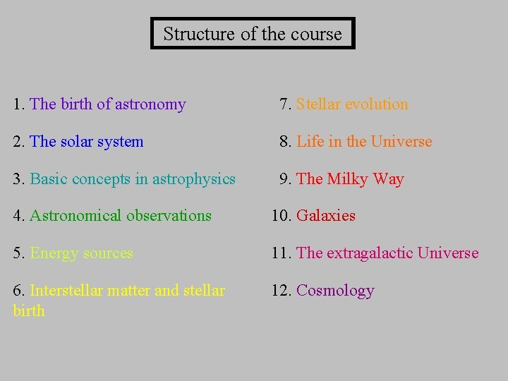 Structure of the course 1. The birth of astronomy 7. Stellar evolution 2. Structure of the course 1. The birth of astronomy 7. Stellar evolution 2.