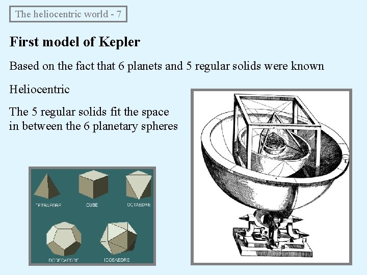 The heliocentric world - 7 First model of Kepler Based on the fact The heliocentric world - 7 First model of Kepler Based on the fact