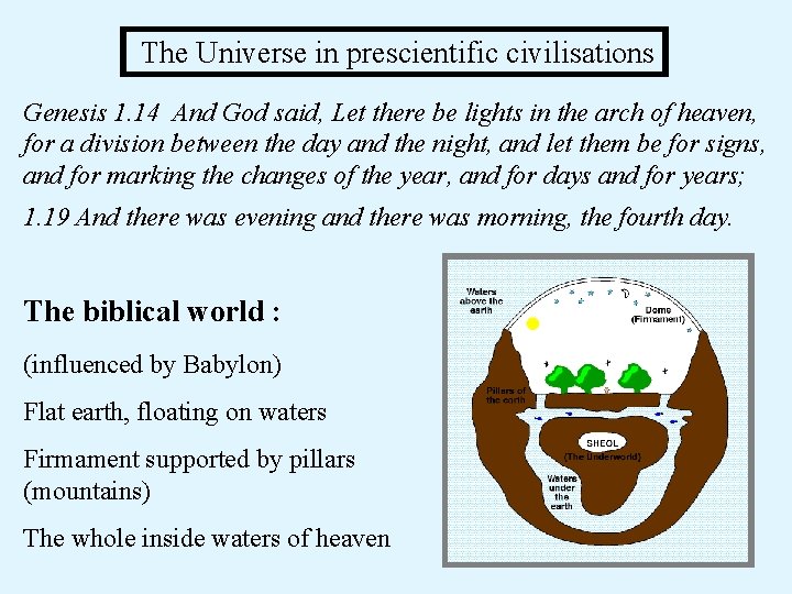 The Universe in prescientific civilisations Genesis 1. 14 And God said, Let there The Universe in prescientific civilisations Genesis 1. 14 And God said, Let there