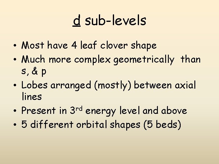 d sub-levels • Most have 4 leaf clover shape • Much more complex geometrically d sub-levels • Most have 4 leaf clover shape • Much more complex geometrically