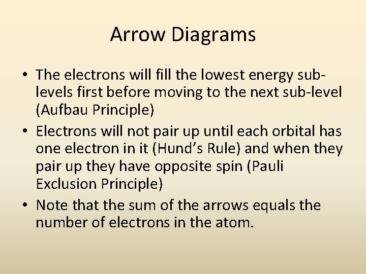 Arrow Diagrams • The electrons will fill the lowest energy sublevels first before moving Arrow Diagrams • The electrons will fill the lowest energy sublevels first before moving