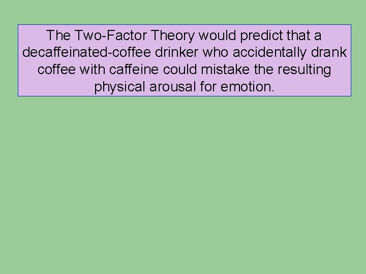 The Two-Factor Theory would predict that a decaffeinated-coffee drinker who accidentally drank coffee with The Two-Factor Theory would predict that a decaffeinated-coffee drinker who accidentally drank coffee with