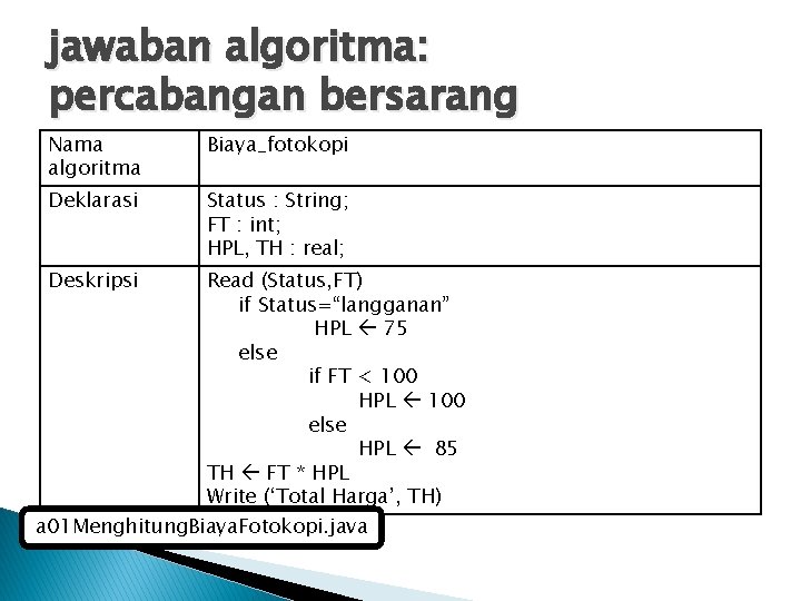 jawaban algoritma: percabangan bersarang Nama algoritma Biaya_fotokopi Deklarasi Status : String; FT : int;