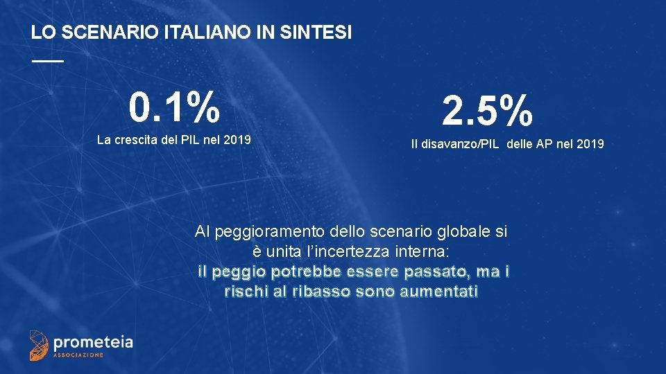 LO SCENARIO ITALIANO IN SINTESI 0. 1% La crescita del PIL nel 2019 2.