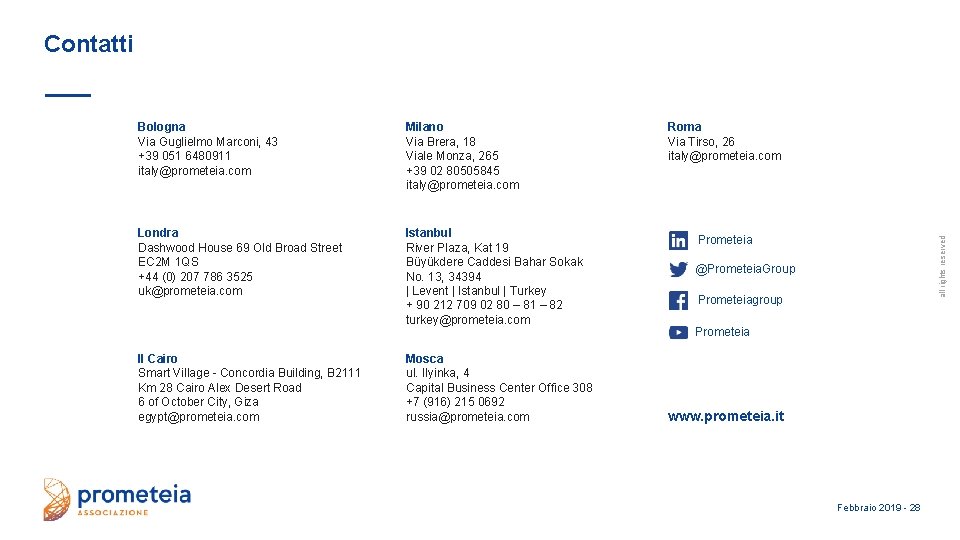 Contatti Milano Via Brera, 18 Viale Monza, 265 +39 02 80505845 italy@prometeia. com Londra
