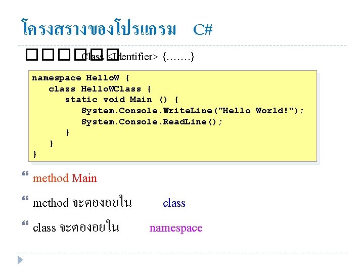 โครงสรางของโปรแกรม C# ������ Class <Identifier> {……. } namespace Hello. W { class Hello. WClass