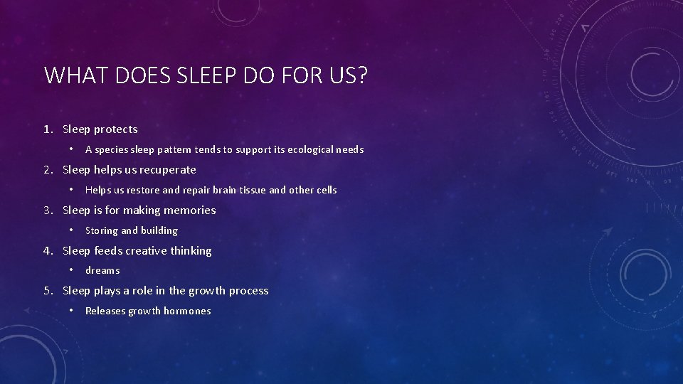 WHAT DOES SLEEP DO FOR US? 1. Sleep protects • A species sleep pattern