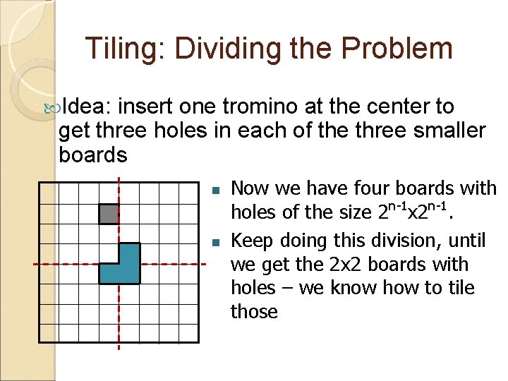 Tiling: Dividing the Problem Idea: insert one tromino at the center to get three