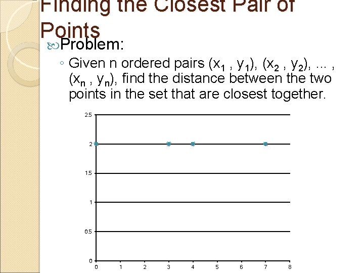 Finding the Closest Pair of Points Problem: ◦ Given n ordered pairs (x 1