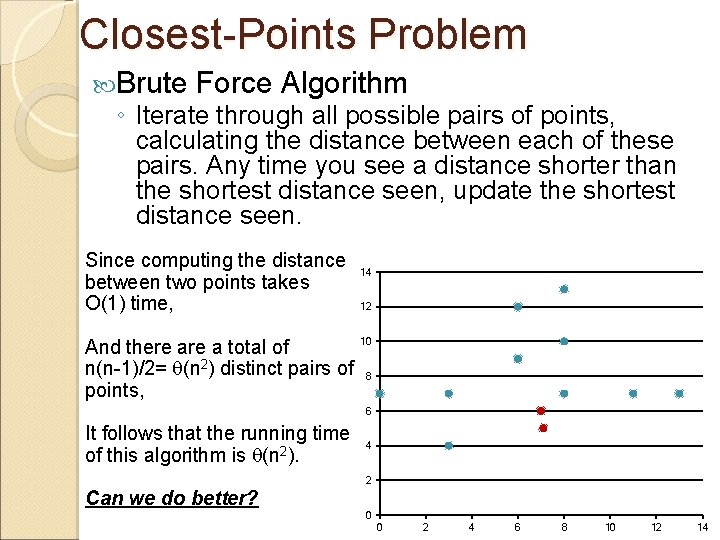 Closest-Points Problem Brute Force Algorithm ◦ Iterate through all possible pairs of points, calculating