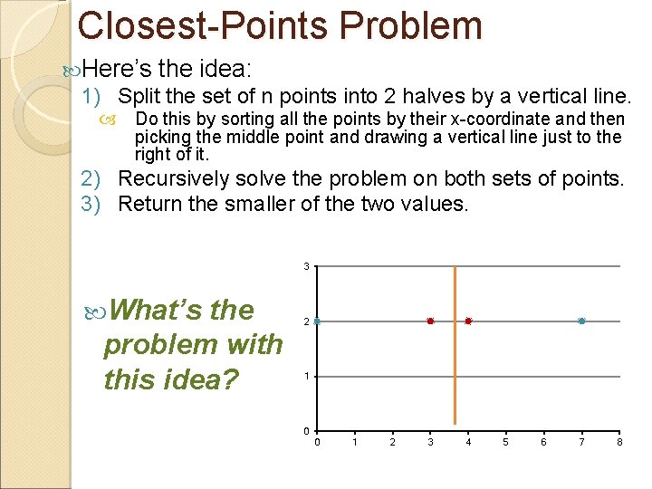 Closest-Points Problem Here’s the idea: 1) Split the set of n points into 2