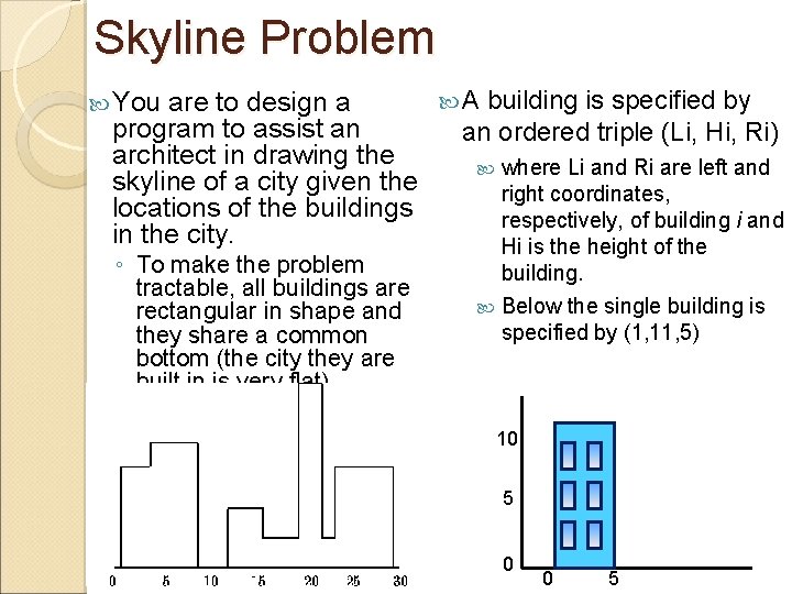 Skyline Problem You are to design a program to assist an architect in drawing