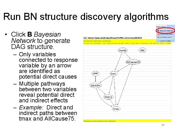 Run BN structure discovery algorithms • Click B Bayesian Network to generate DAG structure.