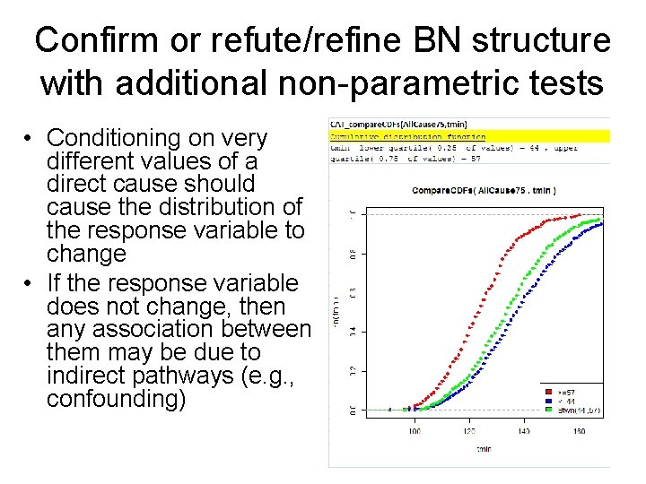 Confirm or refute/refine BN structure with additional non-parametric tests • Conditioning on very different