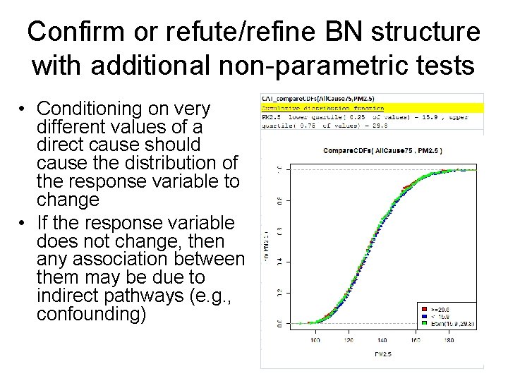 Confirm or refute/refine BN structure with additional non-parametric tests • Conditioning on very different