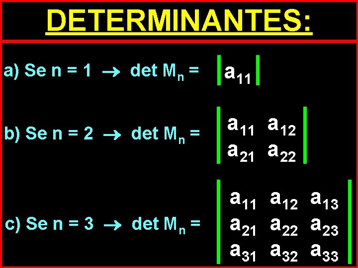 DETERMINANTES: a) Se n = 1 det Mn = a 11 b) Se n